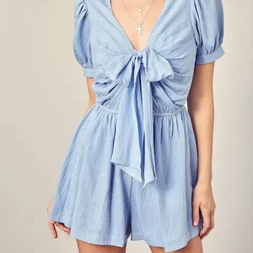 Mustard Seed Light Blue Front Tie Linen Romper / S